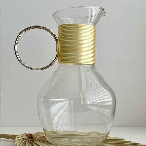 Vintage, MCM Minimalist Glass Carafe with Brass Handle - Picture 8 of 10